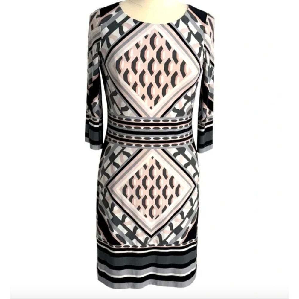 Calvin Klein Size 8 Sleeve Sheath Geometric Dress Gray Pink Black Work Office